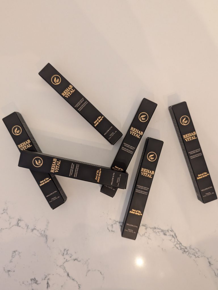 Canadian-made Rehab Vital lash and brow conditioning serum with peptides in minimal packaging